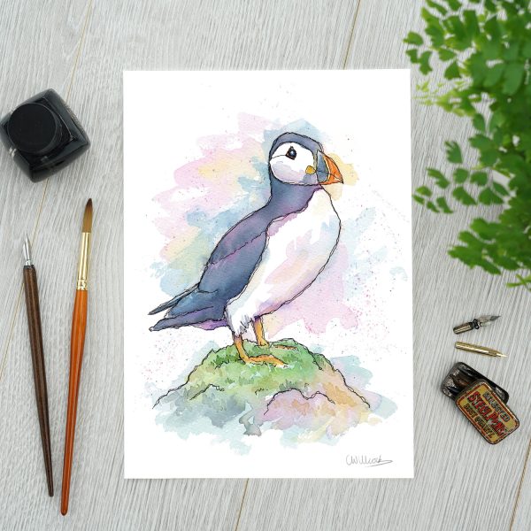A4 watercolour puffin artwork by Clare Willcocks