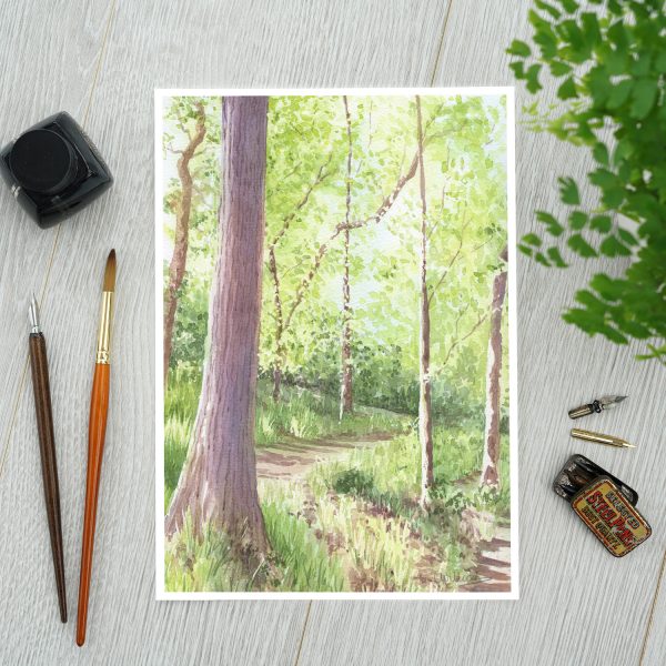 A4 print of a watercolour painting of woodland in summer by Clare Willcocks