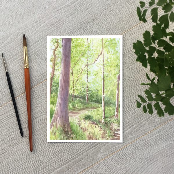 A5 print of a watercolour painting of woodland in summer by Clare Willcocks