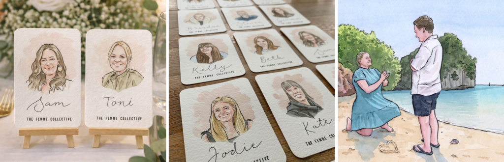 Illustrated wedding place cards and illustrated wedding invitations.